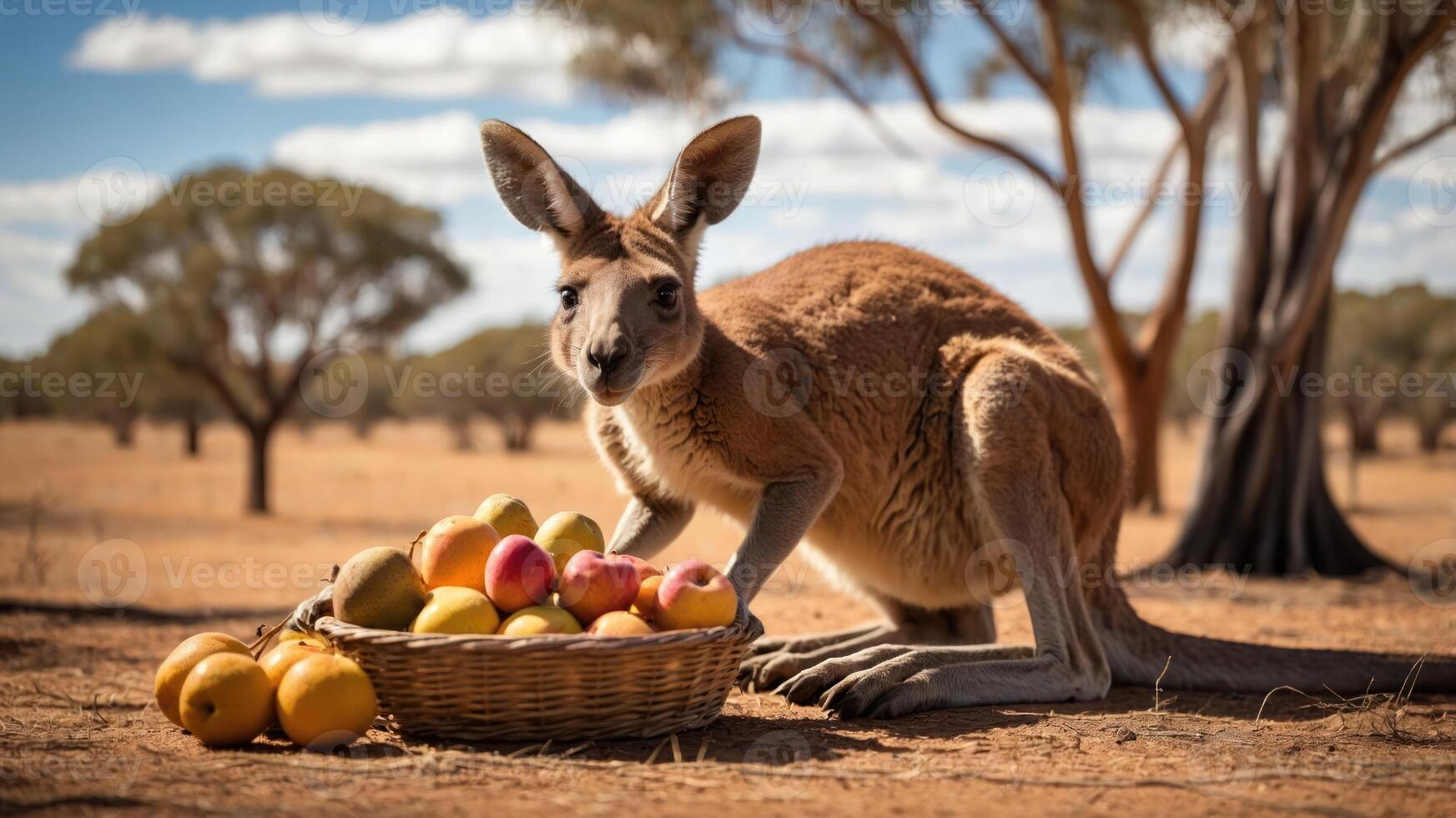 A kangaroo curiously examines a basket of colorful fruits in a natural setting. photo