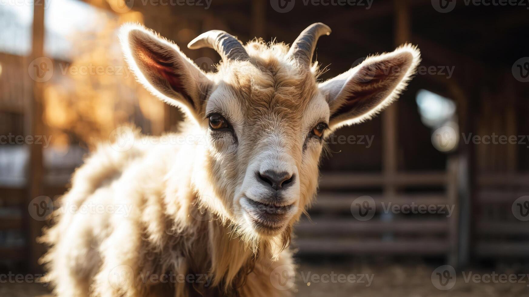 A close-up of a goat with a soft, fluffy coat, set in a farm environment. photo