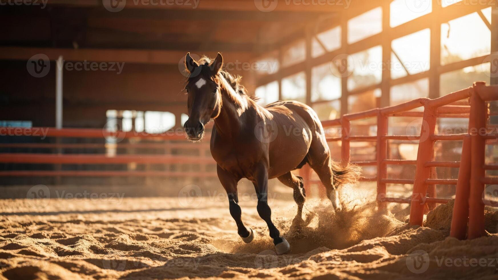 A horse galloping in a sunlit arena, kicking up dust in a warm, inviting atmosphere. photo