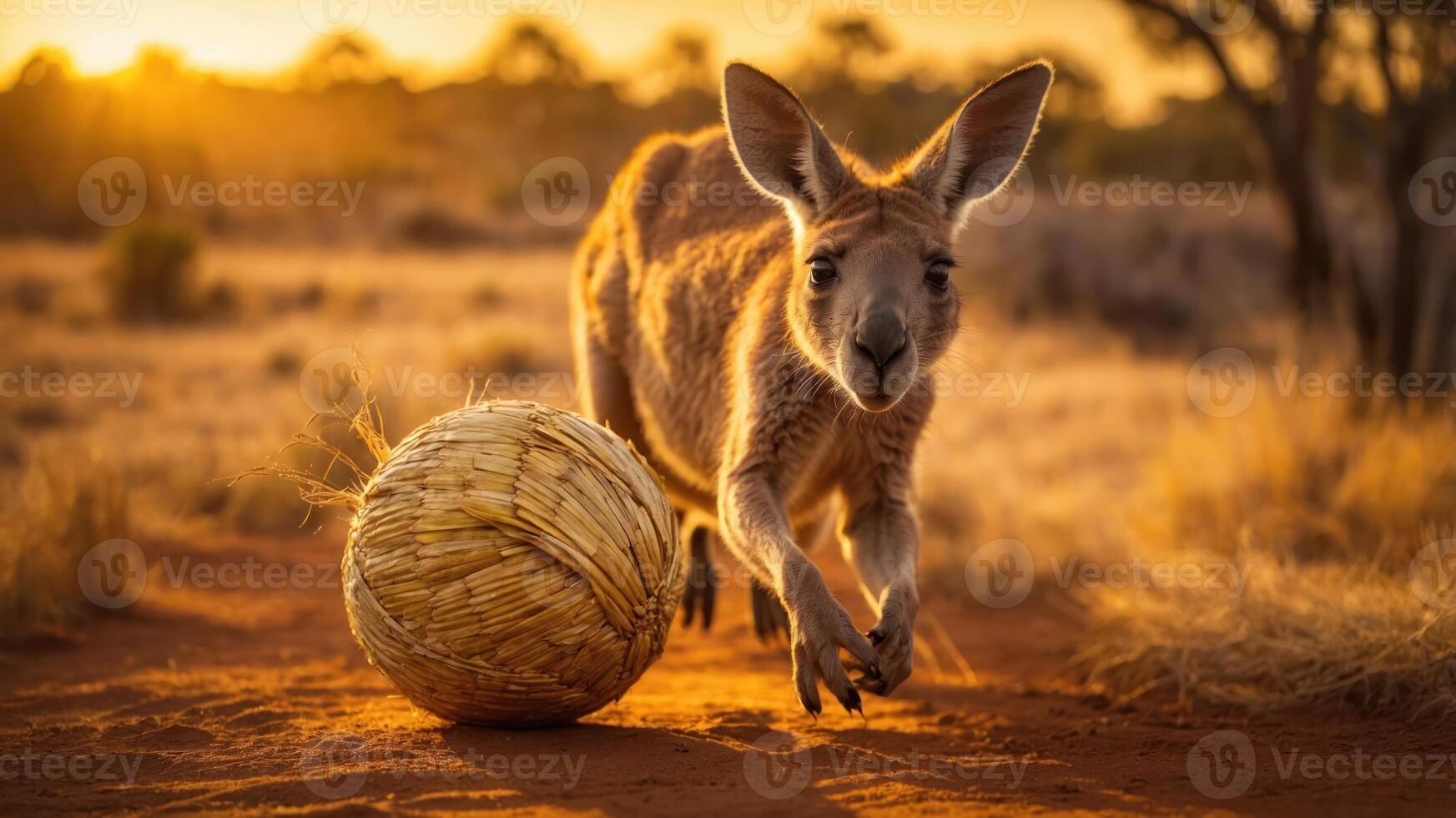 A kangaroo approaches a large, woven ball during a golden sunset in a natural landscape. photo