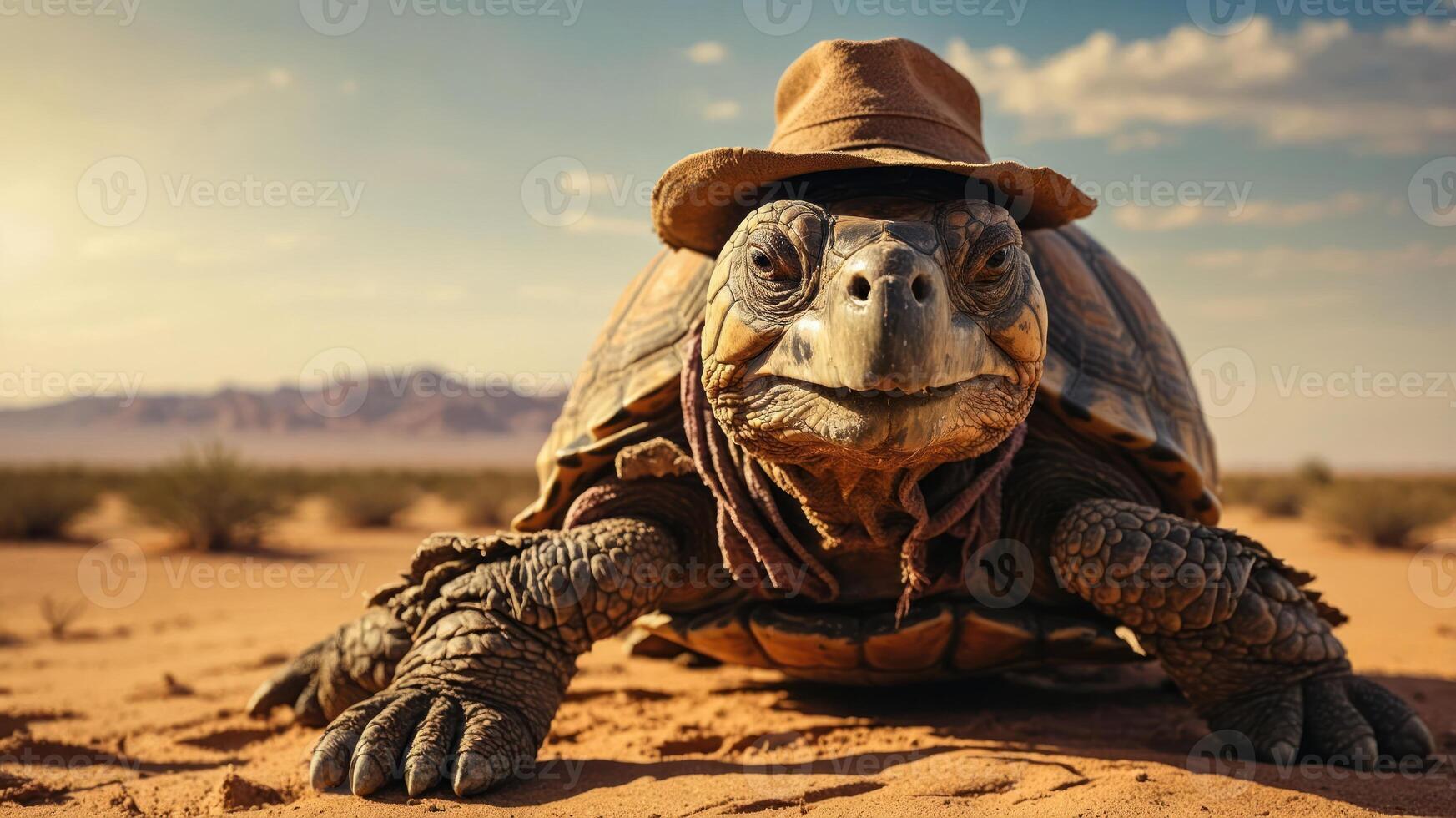 A tortoise wearing a hat in a desert landscape, exuding a whimsical, adventurous vibe. photo