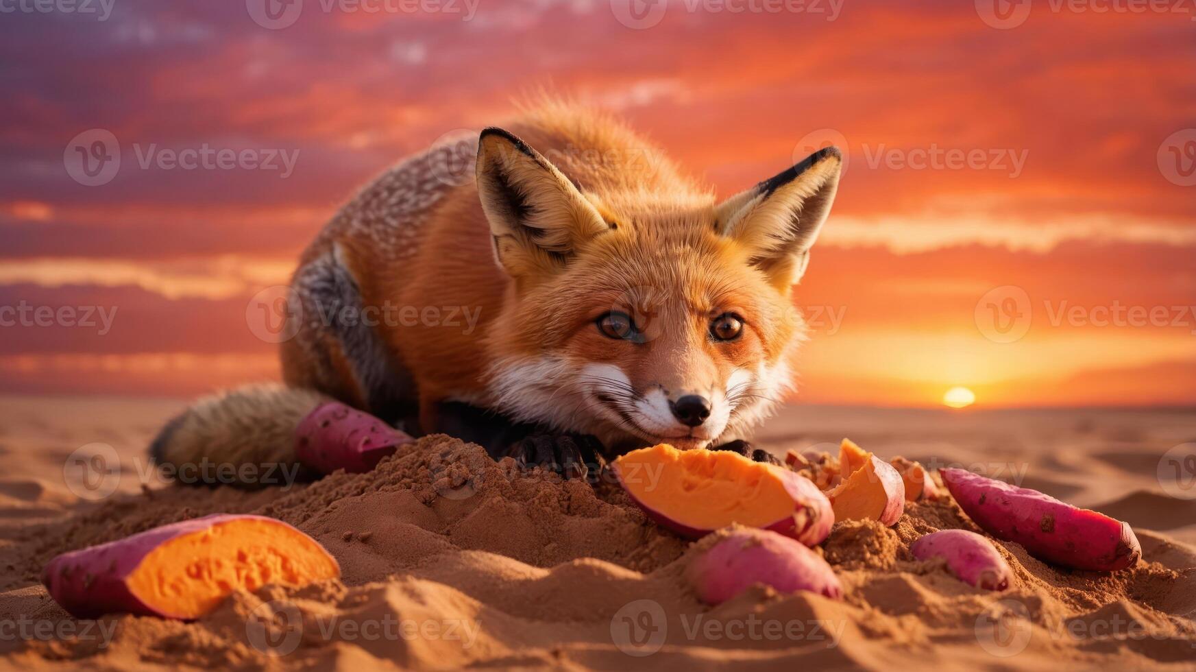 A fox resting on sand with sweet potatoes at sunset, highlighting nature's beauty. photo