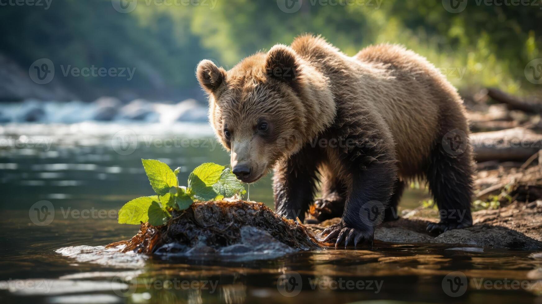 A young bear explores the shoreline near a river, interacting with plants and nature. photo