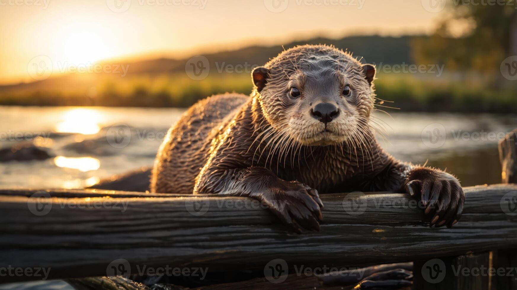 A playful otter perched on a wooden railing at sunset by a river. photo