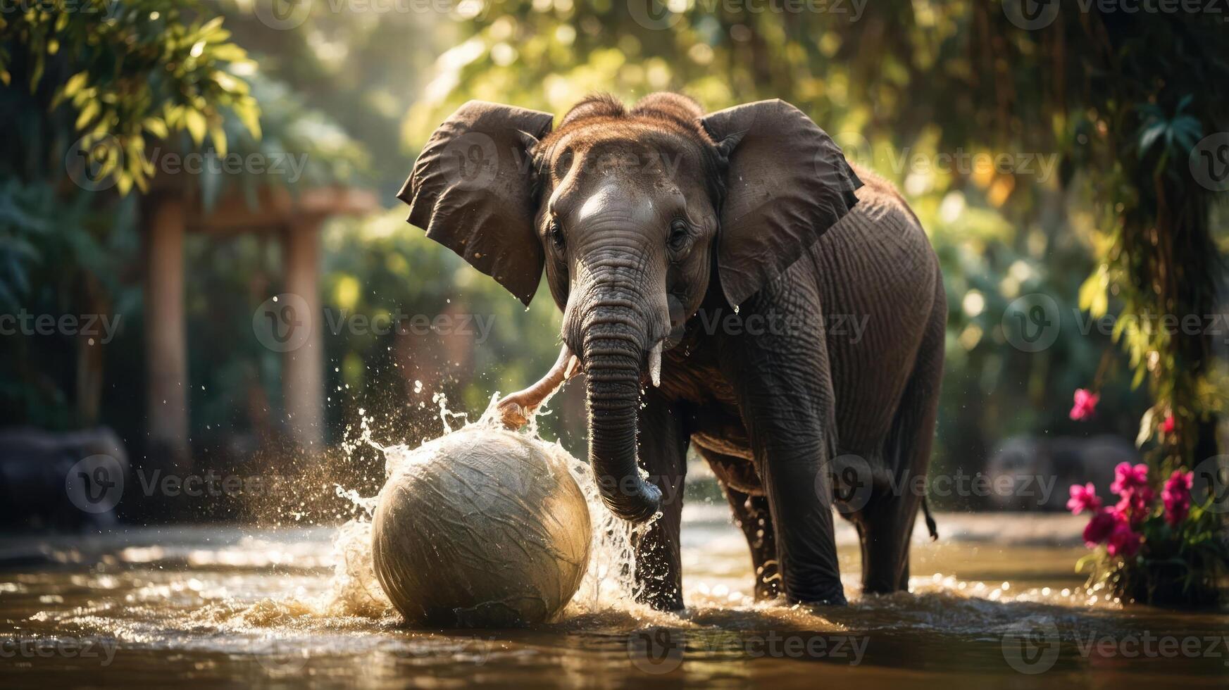 An elephant playing with a ball in a serene water setting surrounded by lush greenery. photo