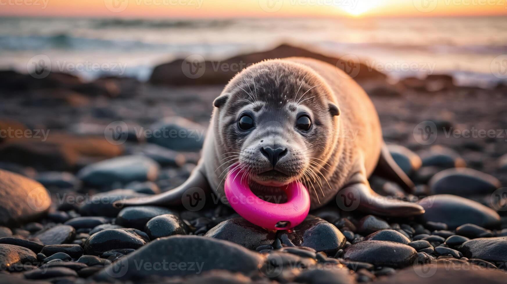 A seal pup resting on a rocky beach at sunset, playfully wearing a pink ring. photo