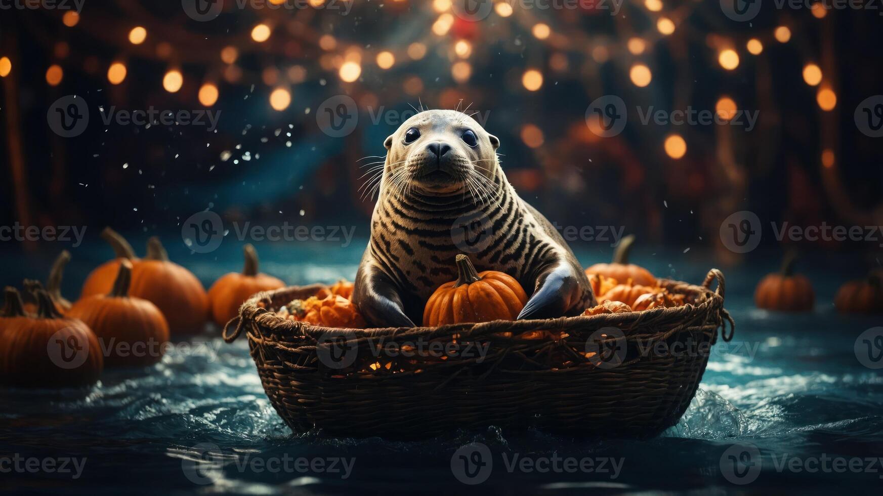 A seal sits in a basket surrounded by pumpkins, illuminated by festive lights. photo