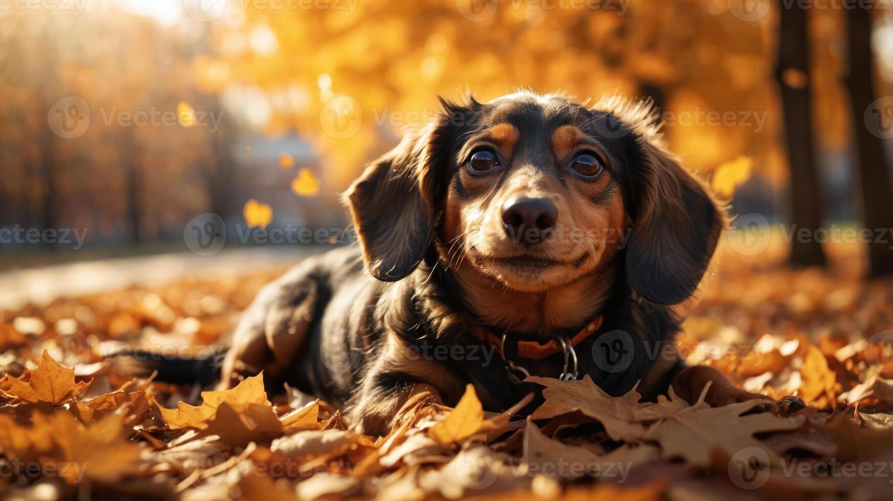 A dachshund lying on colorful autumn leaves, enjoying the seasonal scenery. photo