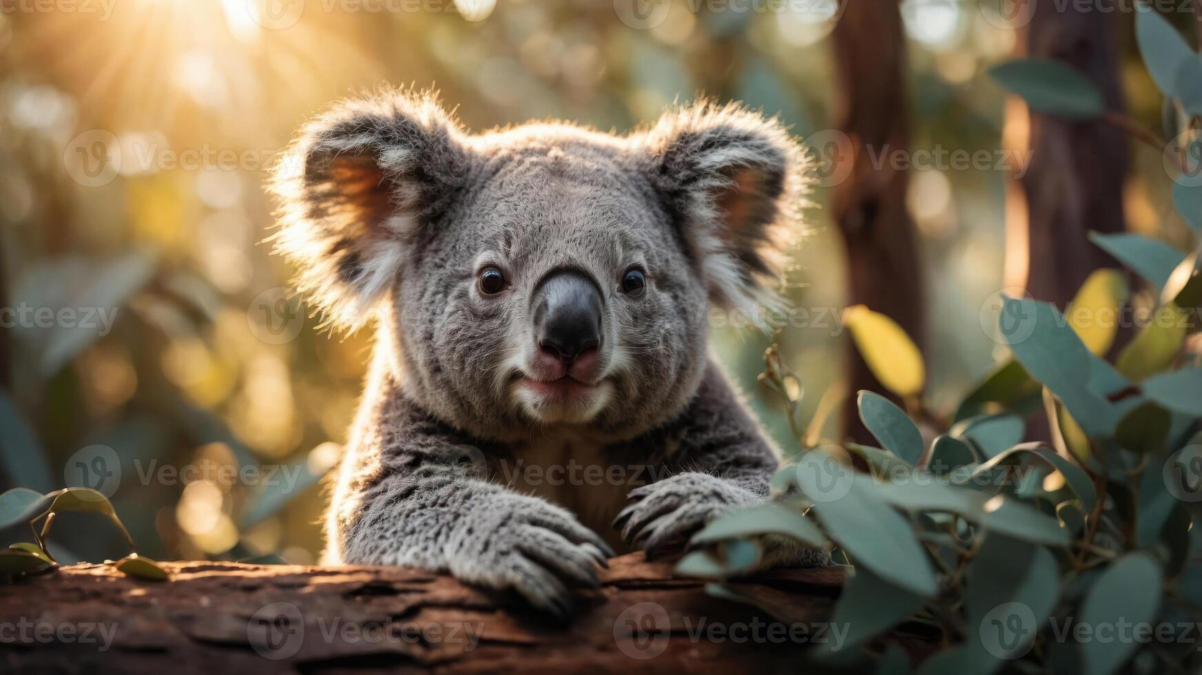 A close-up of a koala resting on a branch in a sunlit forest setting. photo