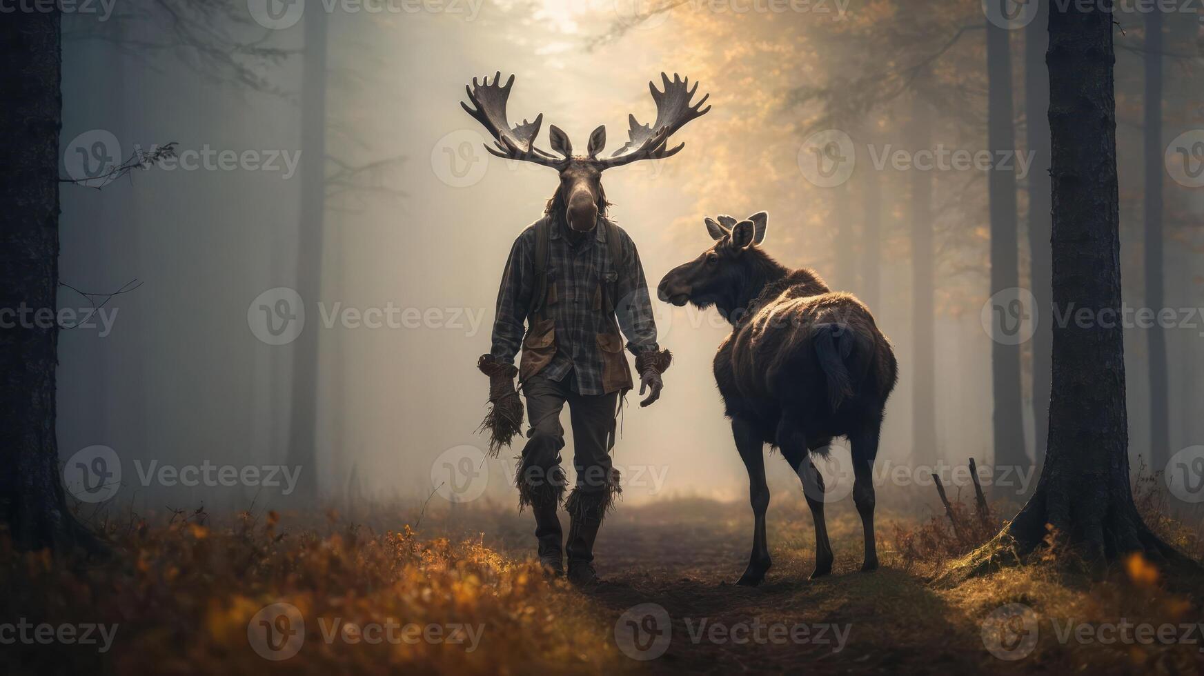 A man with antlers walks alongside a moose in a misty forest during autumn. photo