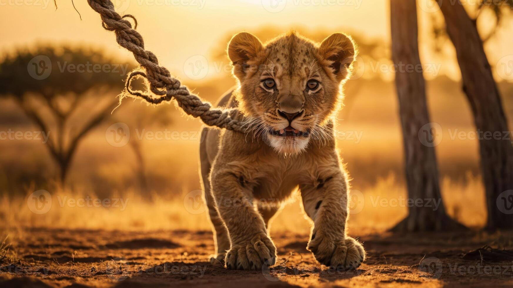 A lion cub playfully tugging on a rope during a golden sunset in a natural setting. photo