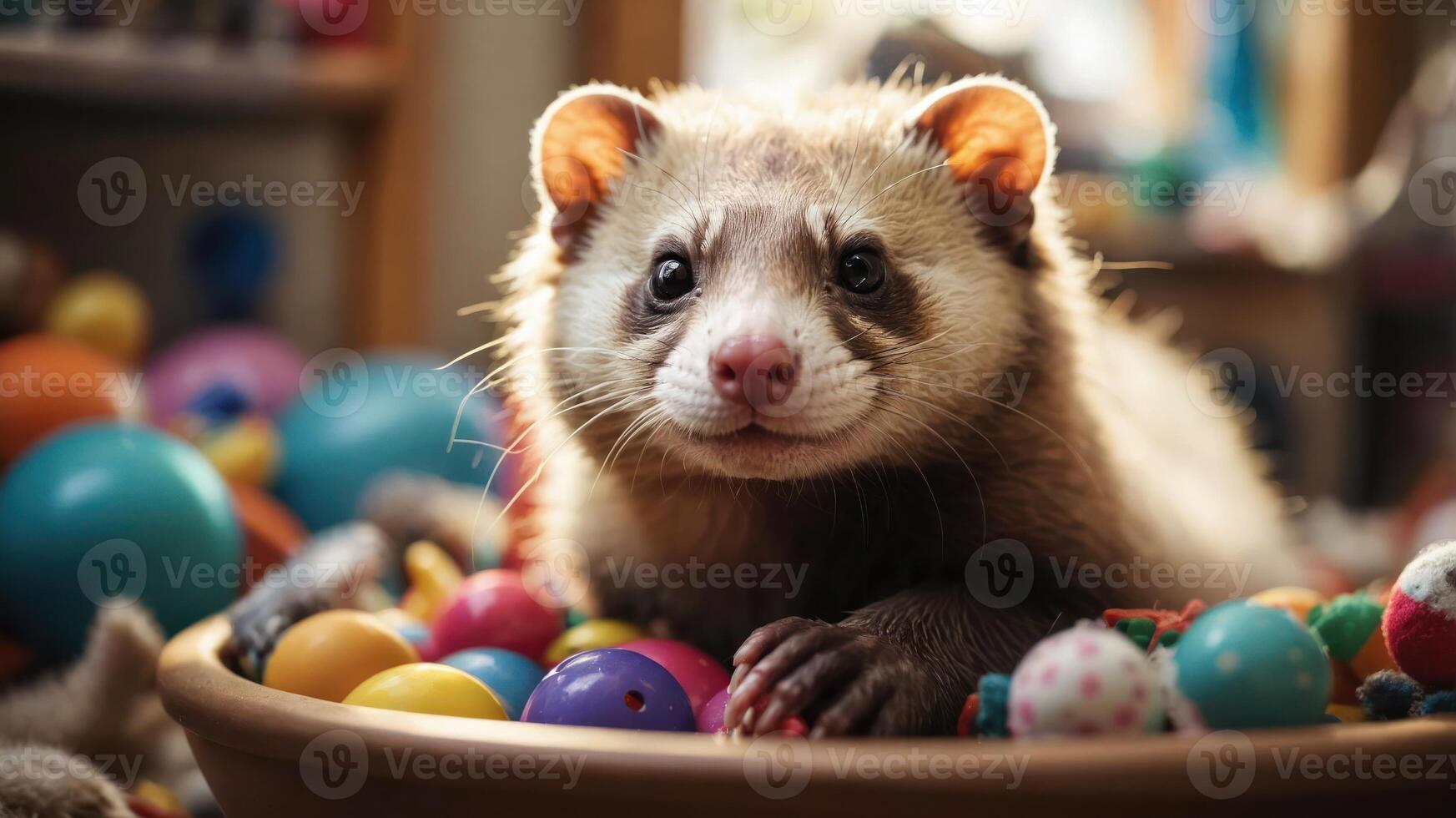A playful ferret surrounded by colorful balls in a cozy indoor setting. photo