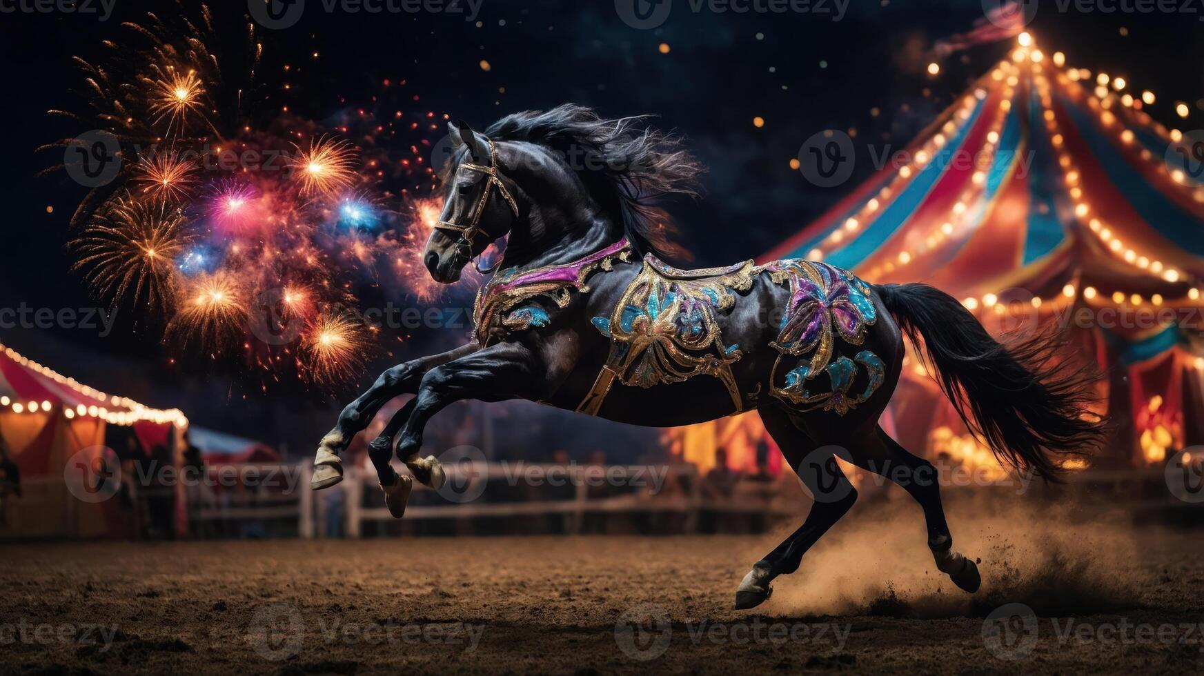 A decorated horse performs in a circus under fireworks and colorful tents. photo