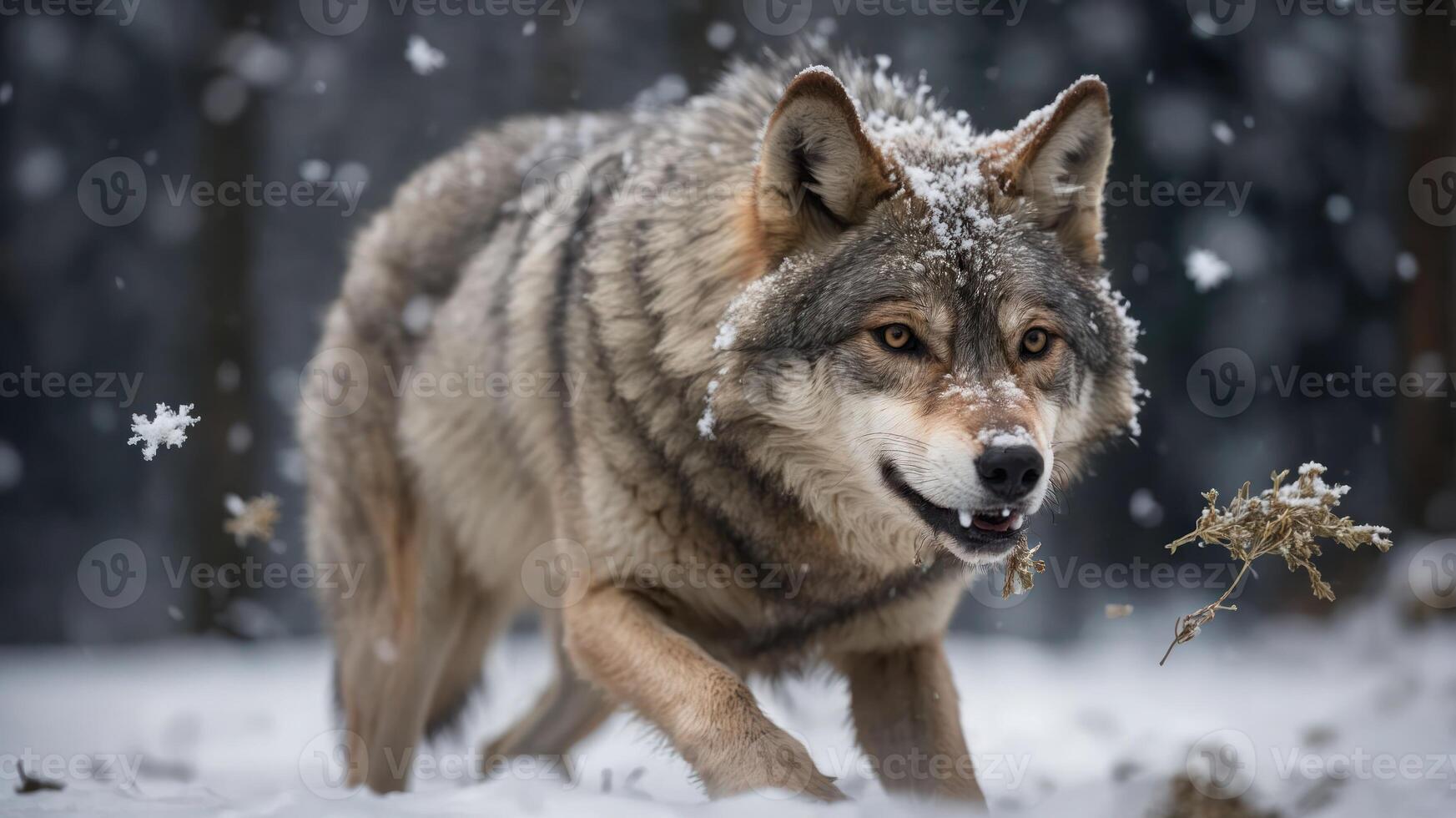 A wolf walking through a snowy landscape, showcasing its natural habitat in winter. photo