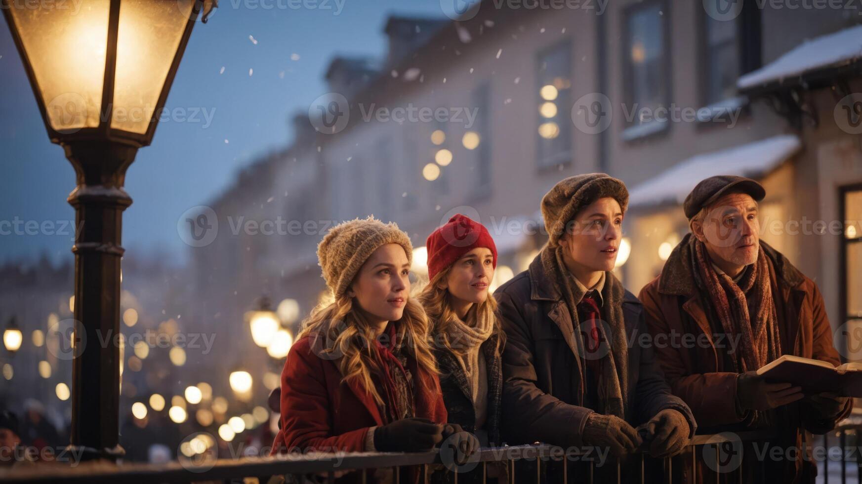 A group of friends enjoying a winter evening in a festive, snow-covered town. photo