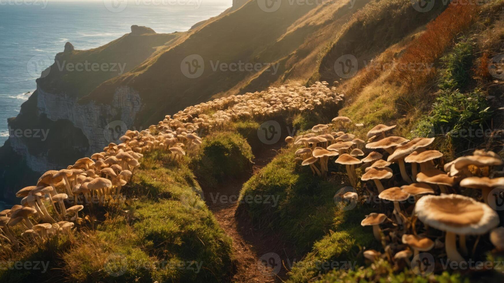 A scenic path lined with mushrooms along a coastal cliff. photo