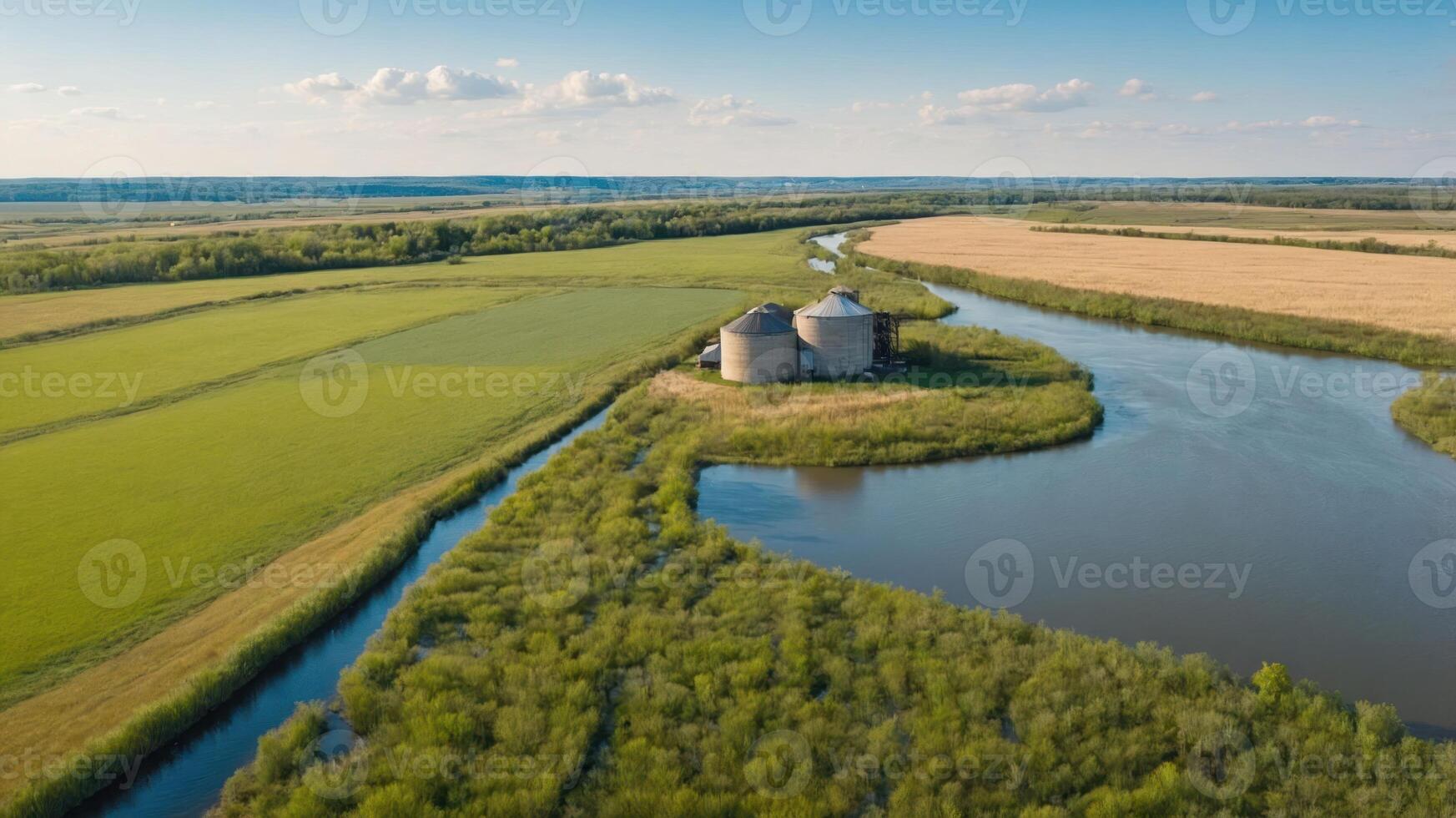 Aerial view of silos by a river, surrounded by lush fields and greenery. photo