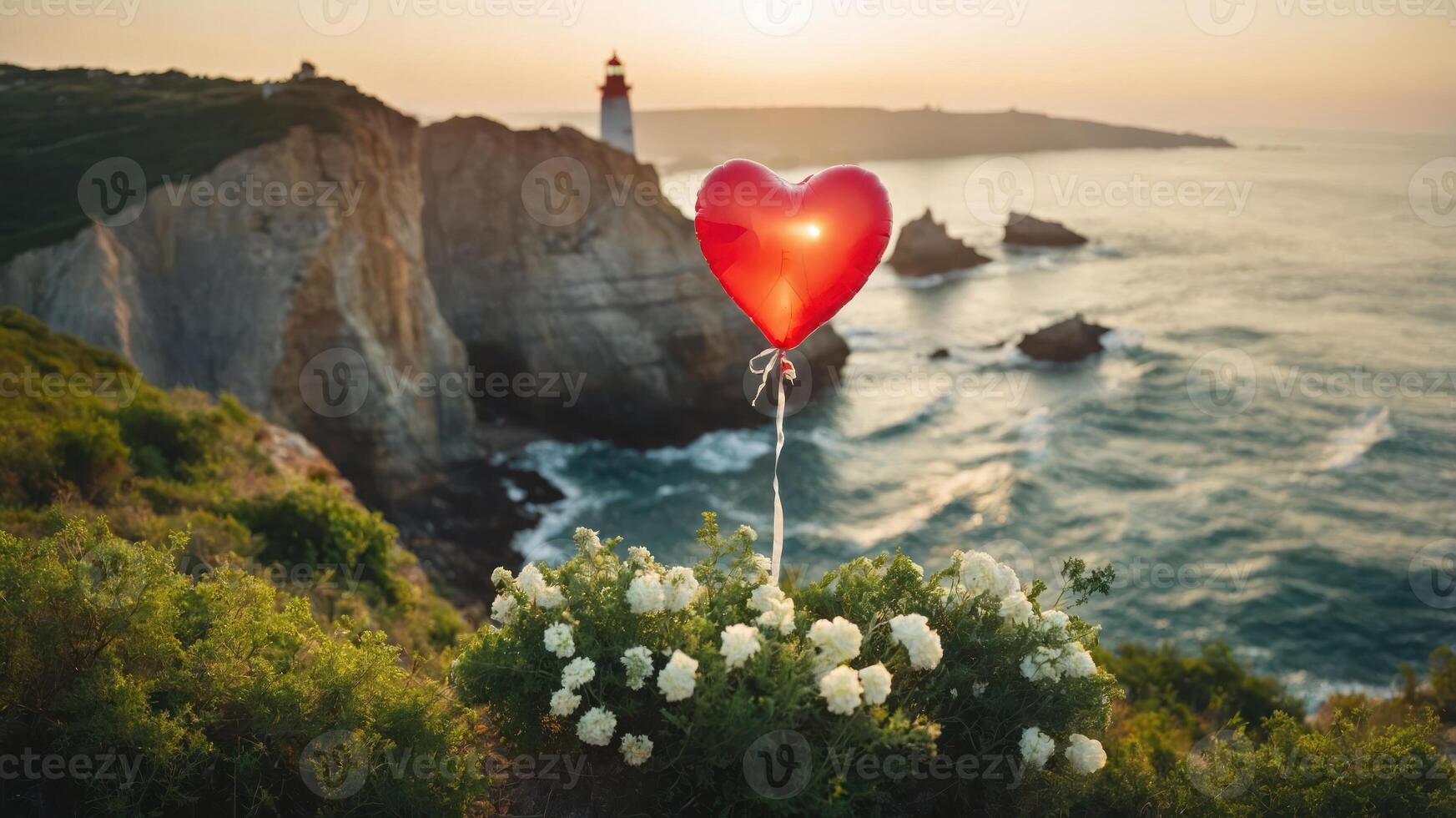 A heart-shaped balloon near a cliffside lighthouse at sunset, symbolizing love and nature. photo