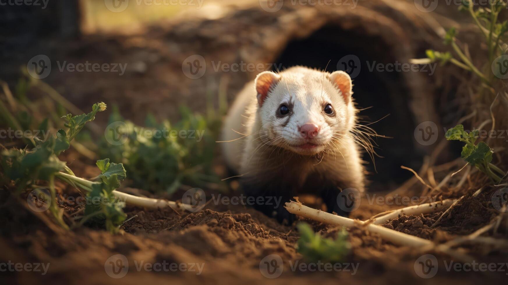 A ferret exploring its natural habitat near a burrow, surrounded by greenery and soil. photo