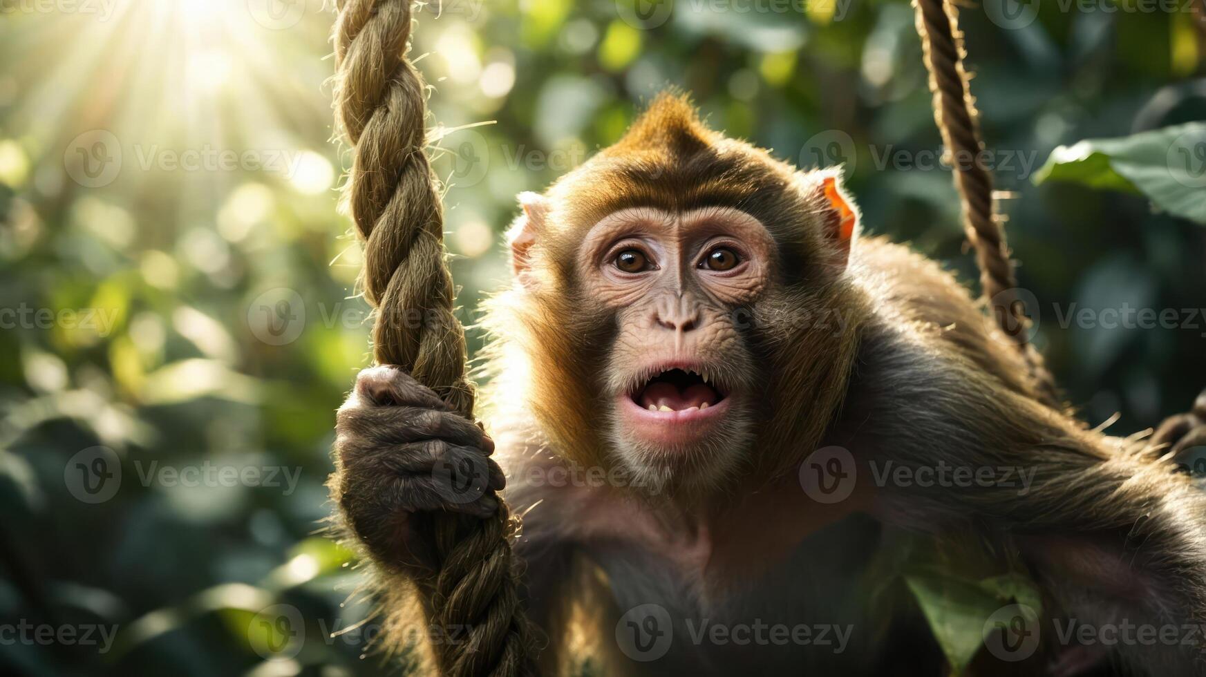 A close-up of a surprised monkey hanging on a rope in a lush green environment. photo