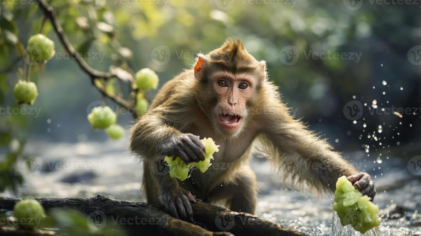 A monkey interacting with food near water in a natural setting. photo