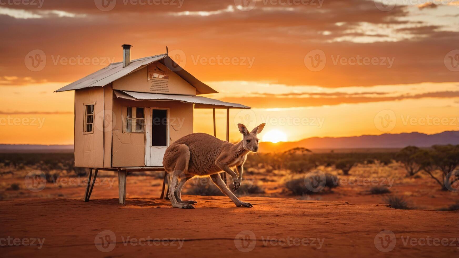 A kangaroo near a small house at sunset in a desert landscape. photo