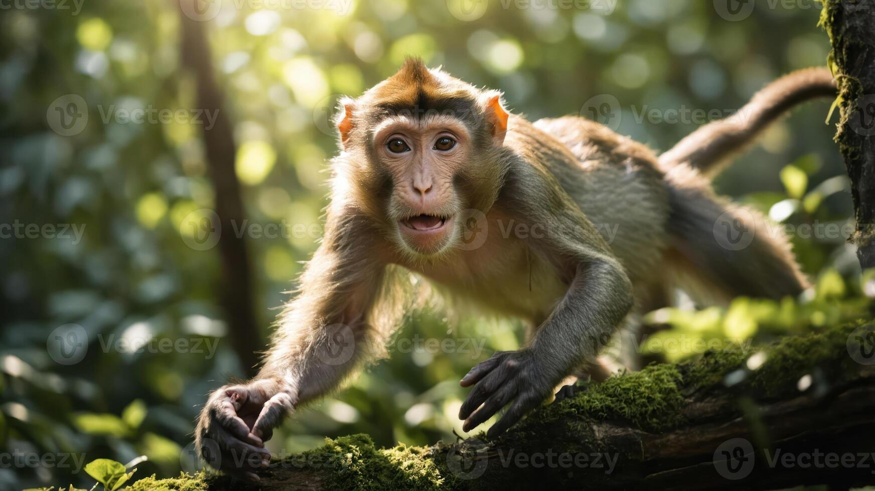 A curious monkey exploring its lush forest habitat, showcasing wildlife in a natural setting. photo