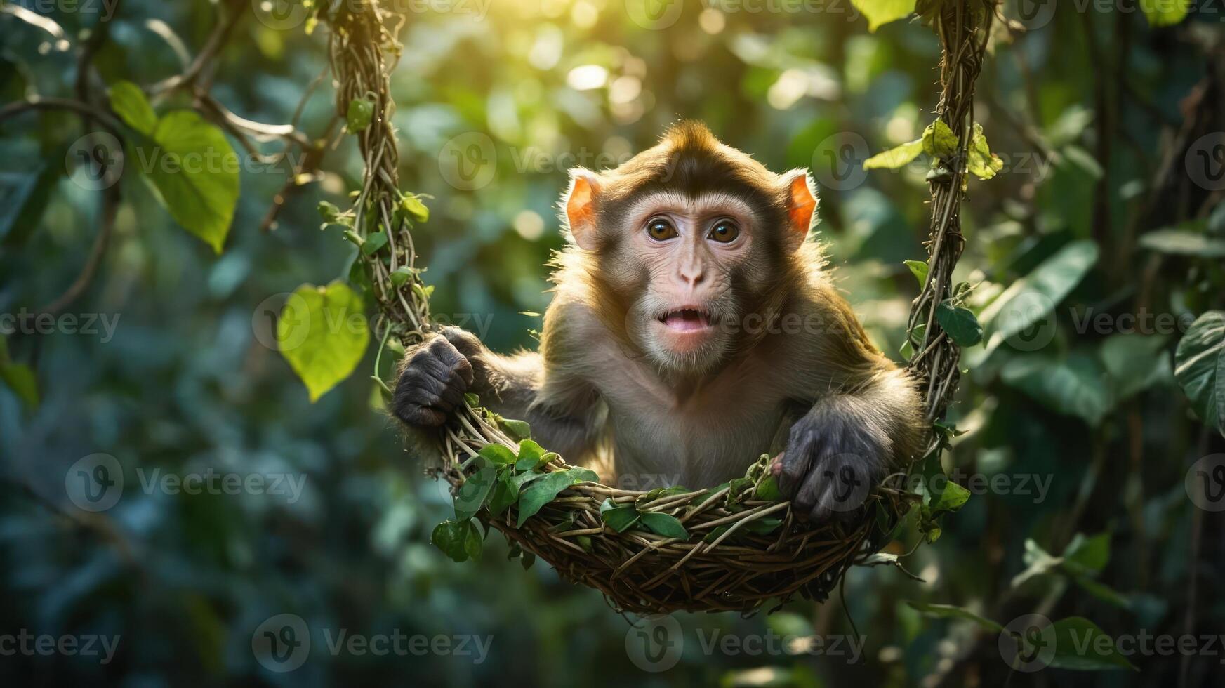 A young monkey resting in a leafy nest, surrounded by greenery in a natural setting. photo