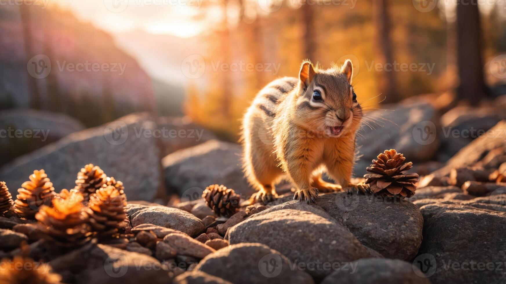 A chipmunk stands on rocks, surrounded by pine cones, in a sunlit forest setting. photo
