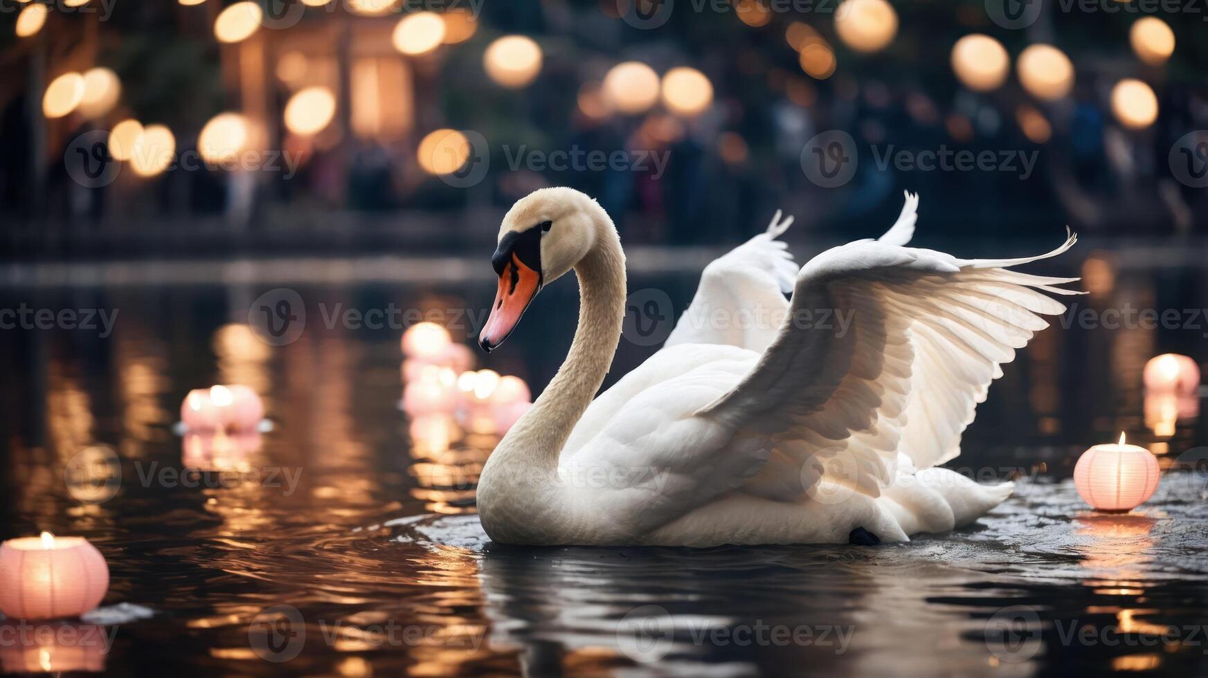 A serene swan glides across a tranquil lake illuminated by floating lanterns. photo