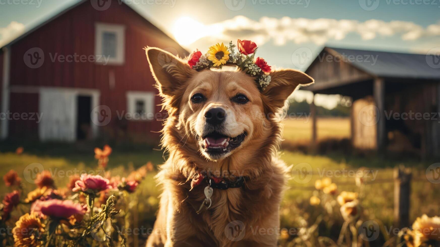 A joyful dog wearing a flower crown in a vibrant field near a rustic barn at sunset. photo
