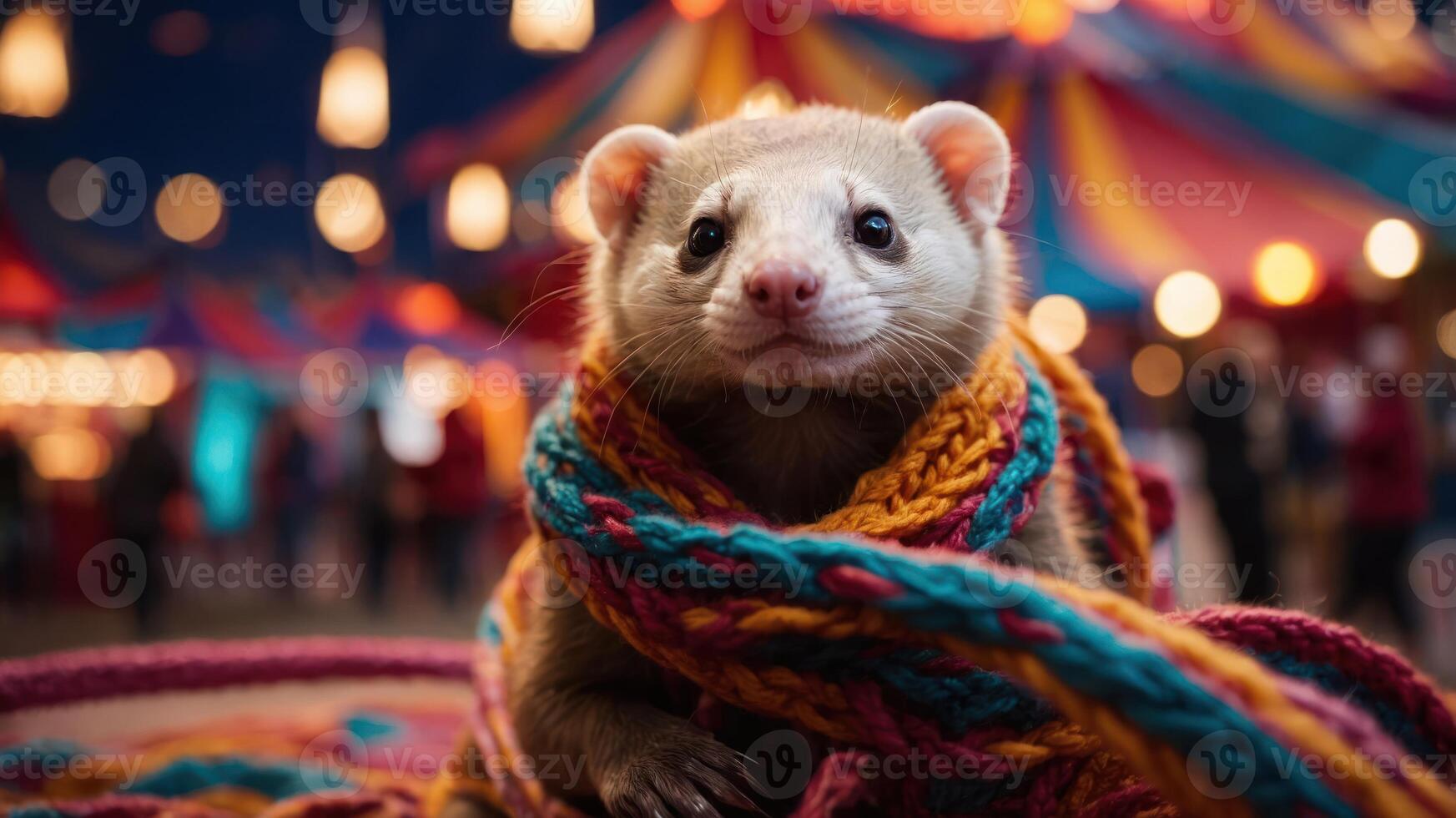 A ferret wrapped in a colorful scarf at a festive fair setting. photo