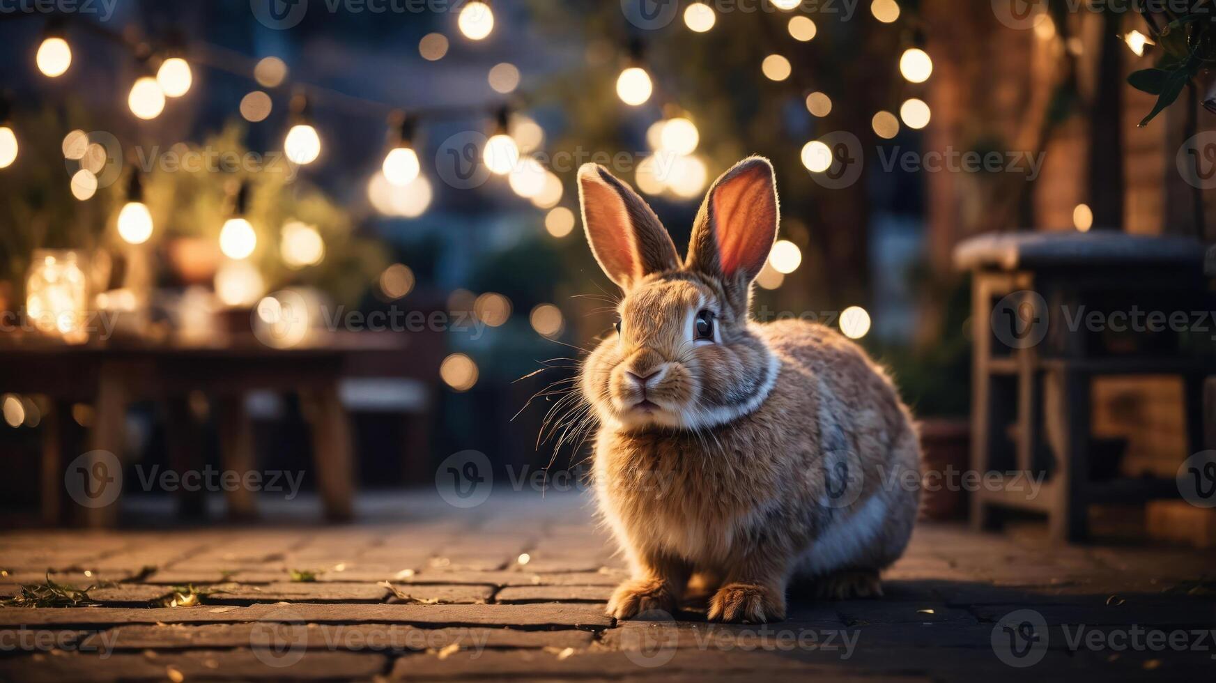 A rabbit sits calmly in a softly lit outdoor setting surrounded by string lights. photo