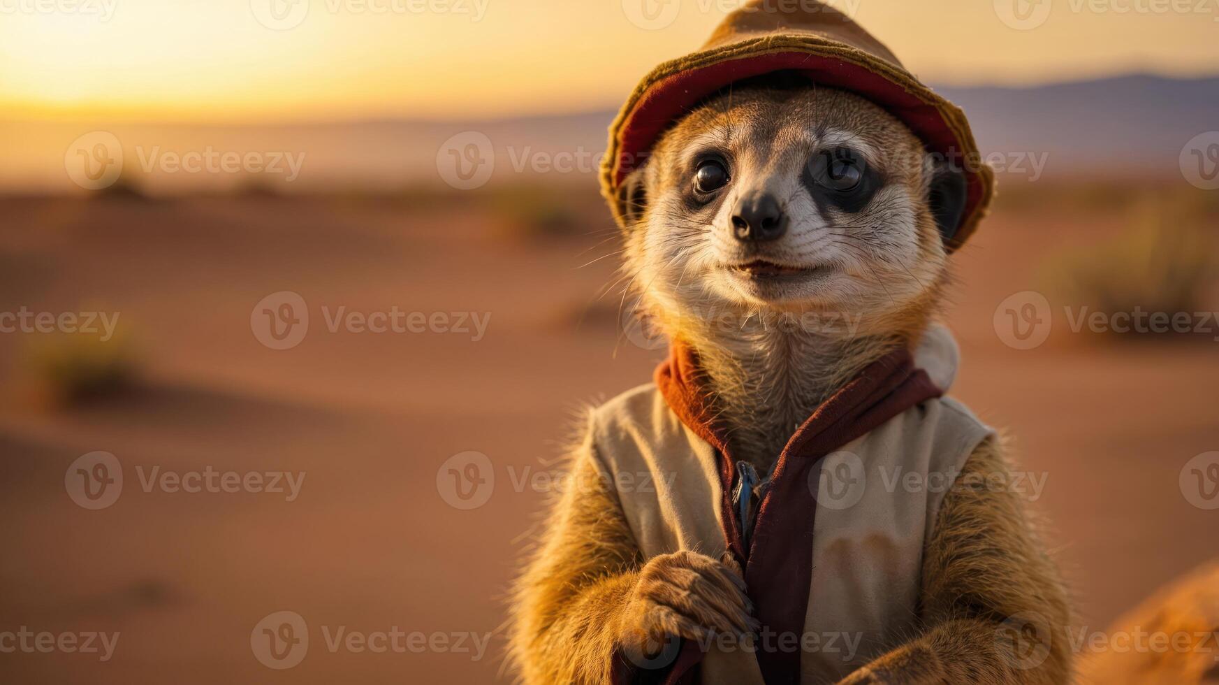A whimsical meerkat dressed in a hat and cloak stands in a desert landscape at sunset. photo