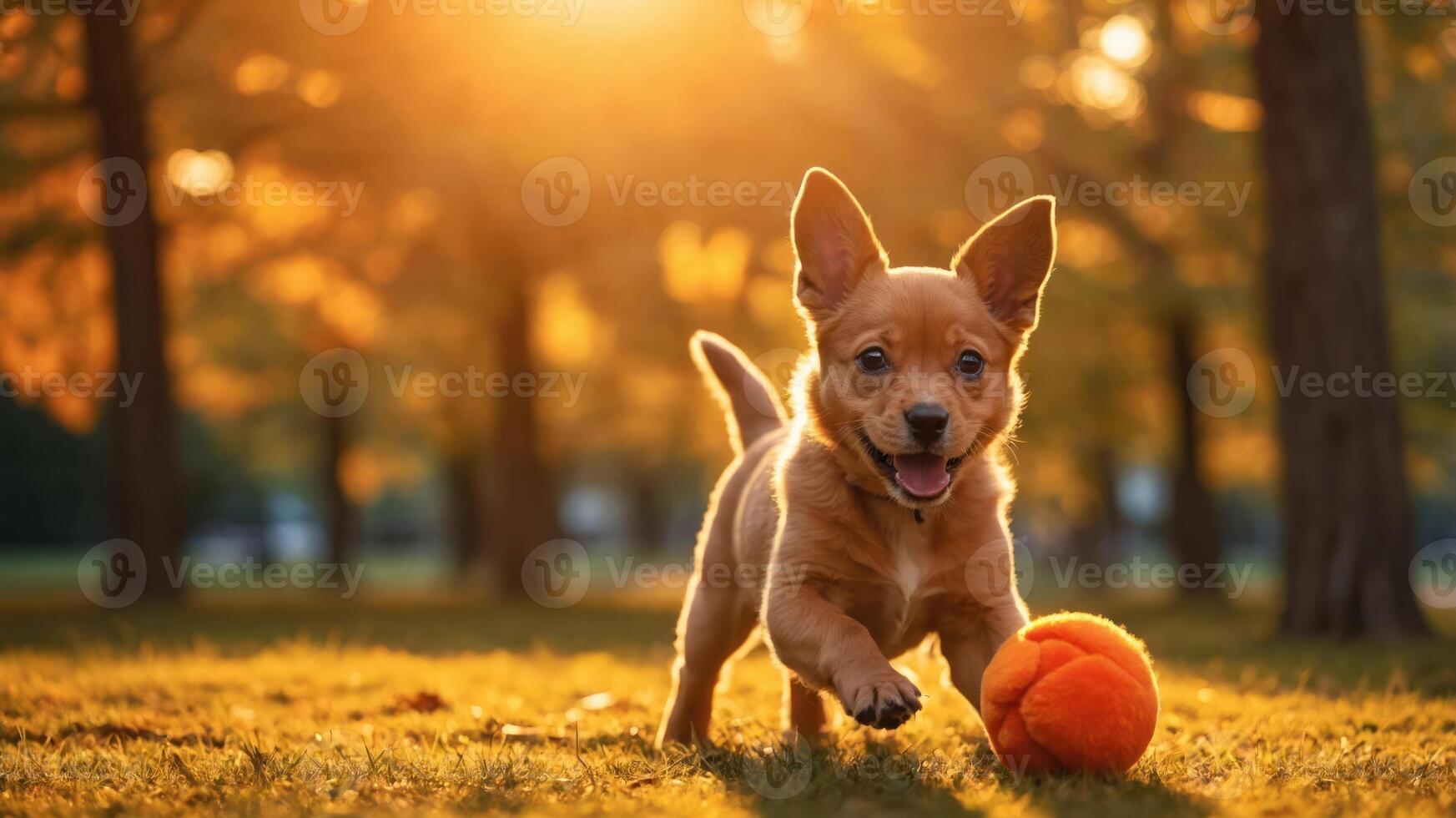 A playful puppy running towards an orange ball in a sunlit autumn park. photo