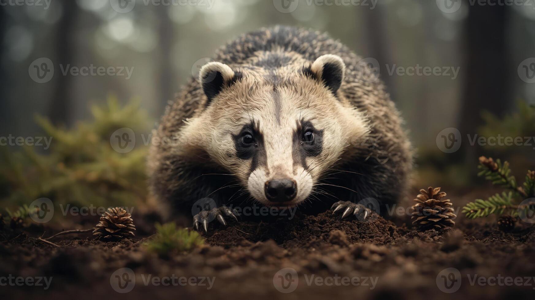 A close-up of a badger in a forest setting, surrounded by pine cones and earthy ground. photo