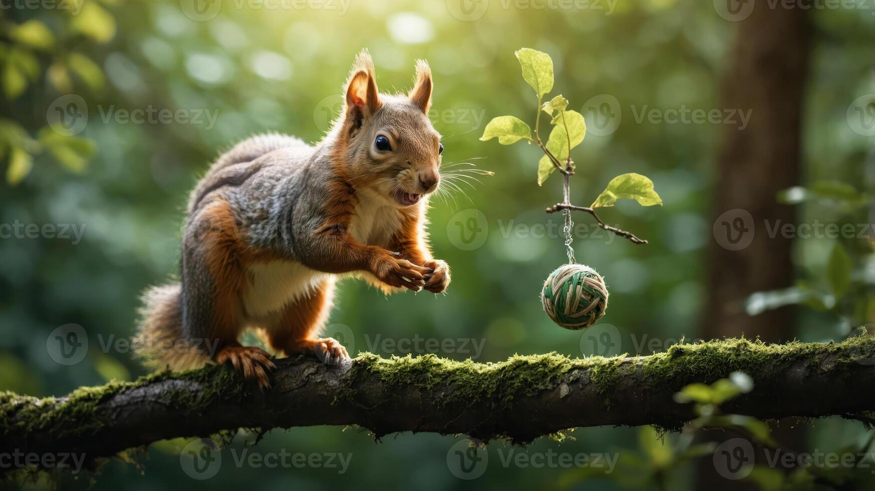 A playful squirrel on a branch, reaching for a hanging ball of twine in a lush forest. photo