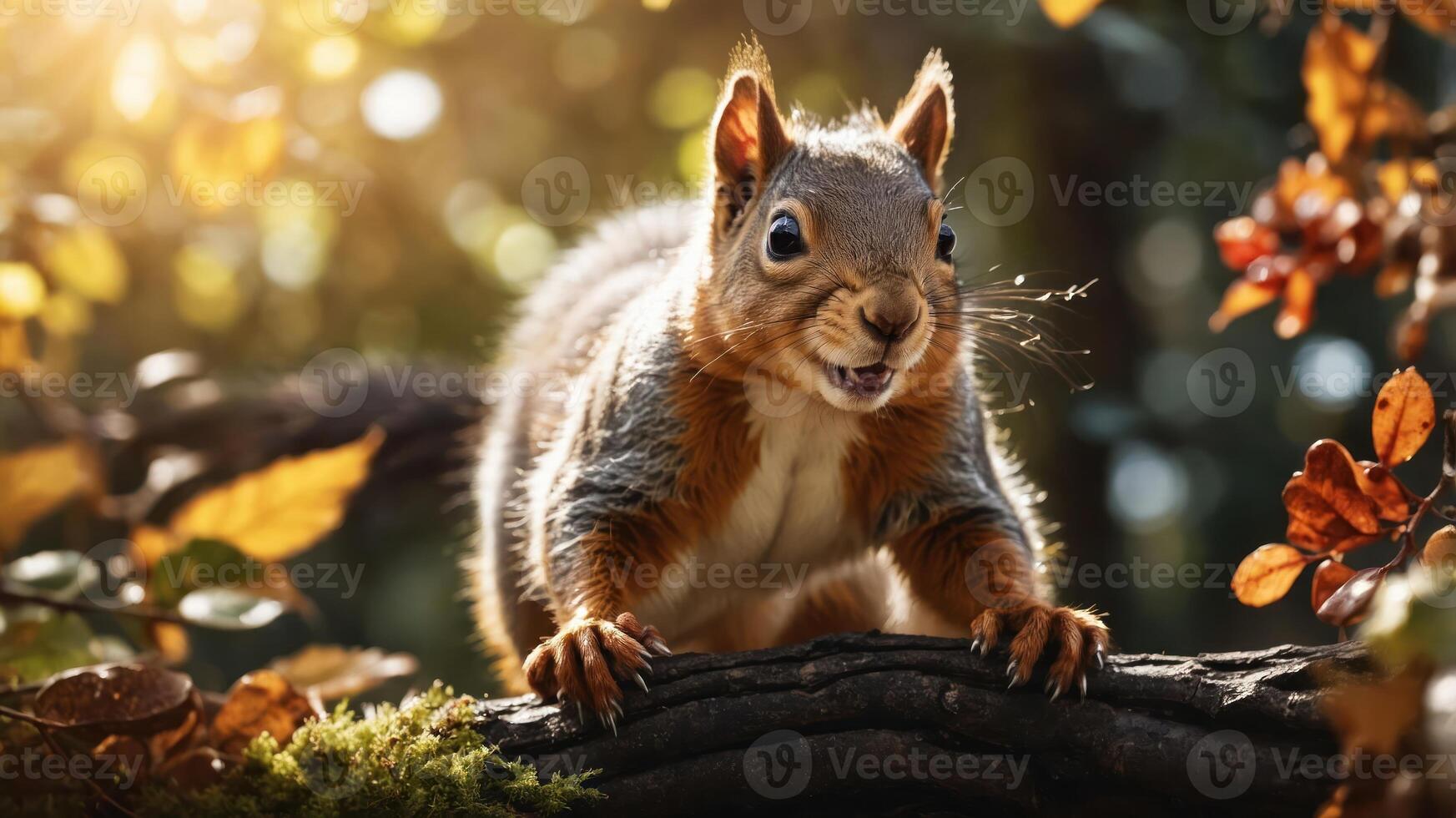 A close-up of a squirrel on a branch amidst autumn leaves, showcasing its lively expression. photo