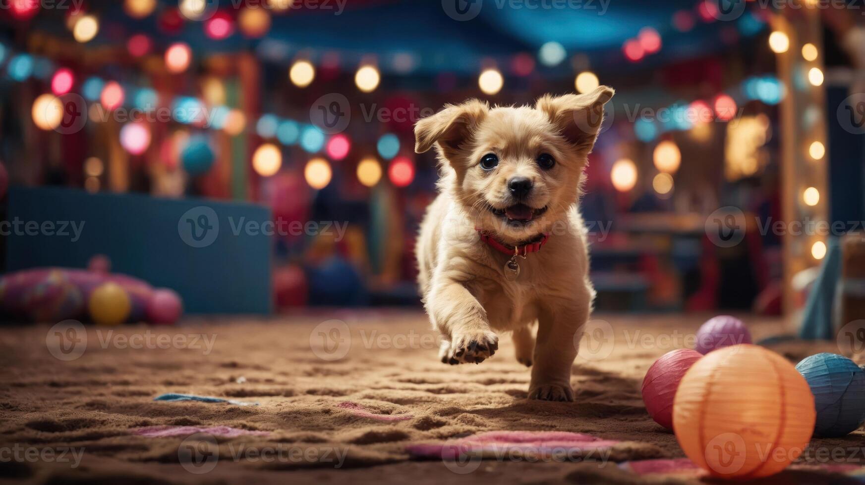 A playful puppy runs joyfully in a colorful, festive setting with vibrant decorations. photo
