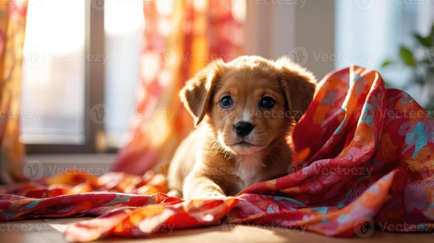 A cute puppy resting on colorful fabric in a sunlit room. photo