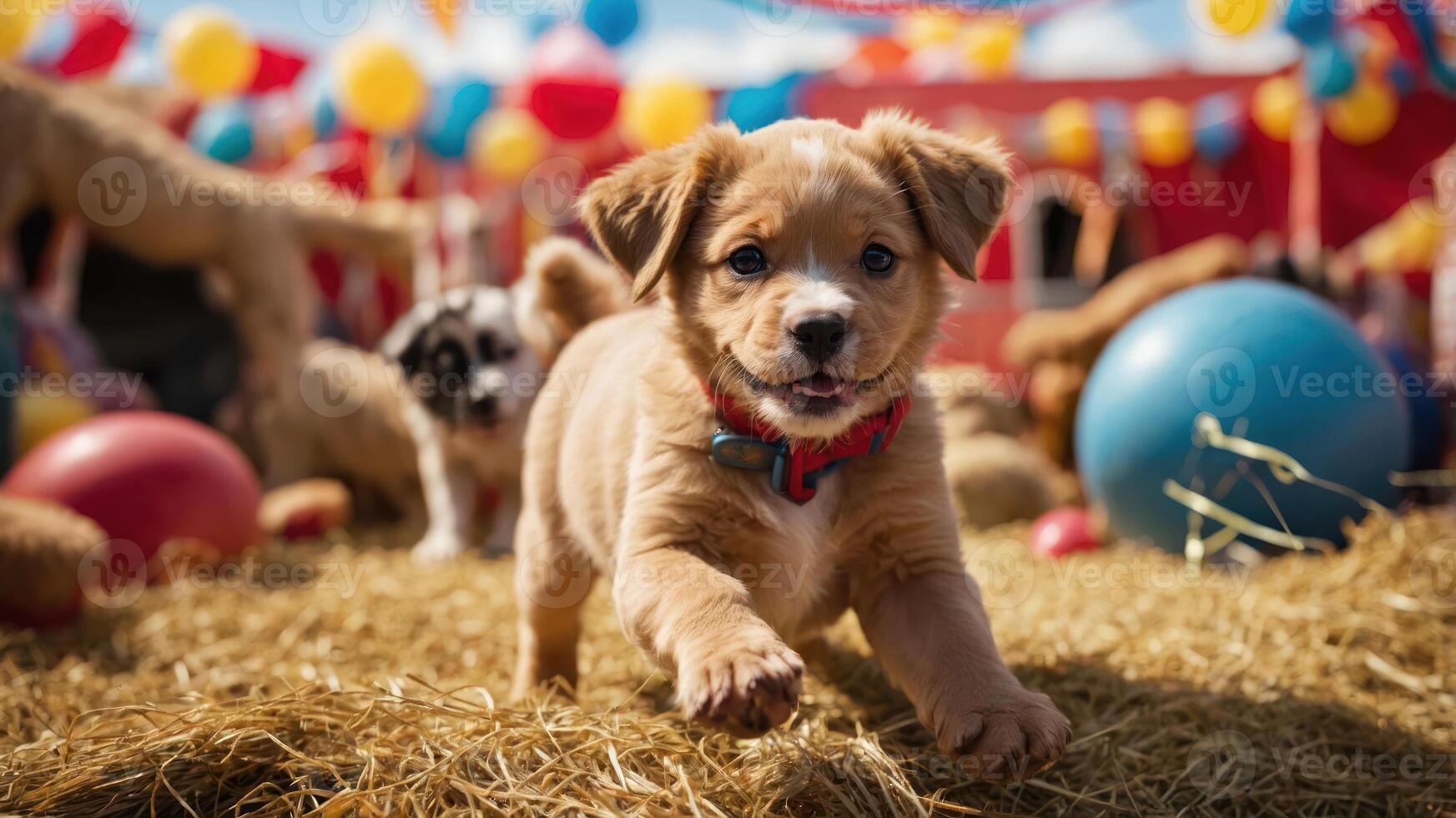 A playful puppy runs through hay at a festive outdoor event with colorful balloons. photo