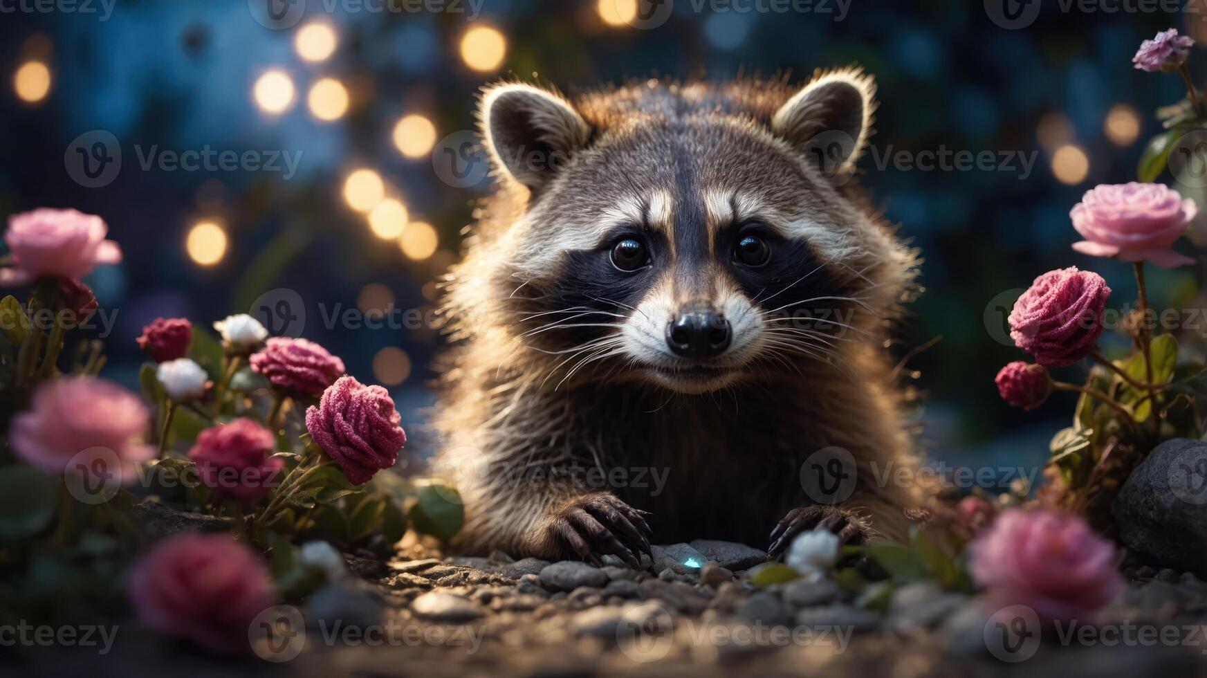A raccoon surrounded by pink flowers and soft lighting, evoking a whimsical atmosphere. photo