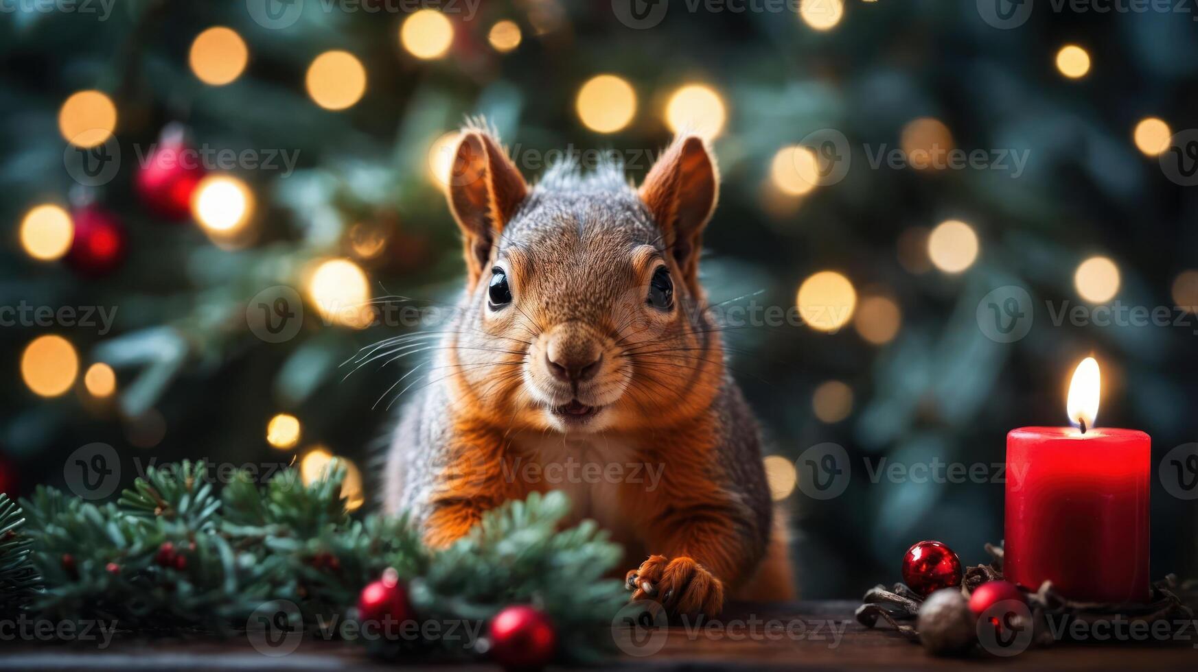 A cute squirrel poses in front of a festive background with Christmas decorations and a candle. photo