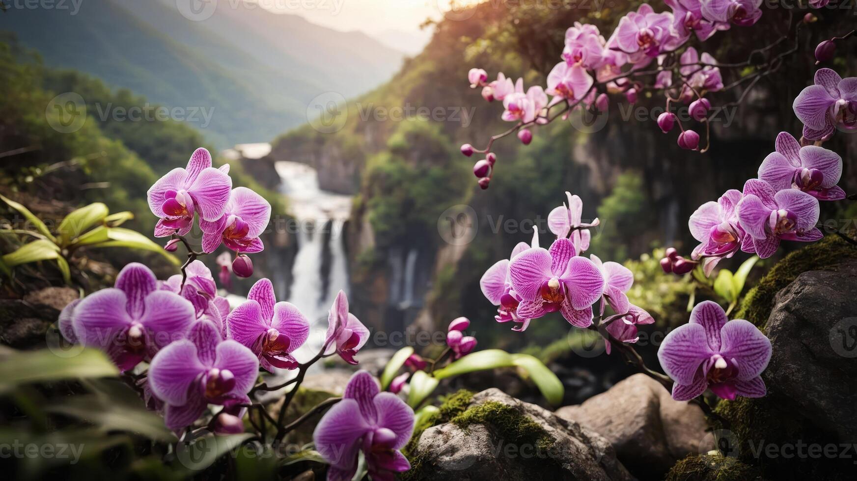 A serene landscape featuring vibrant orchids in front of a cascading waterfall. photo