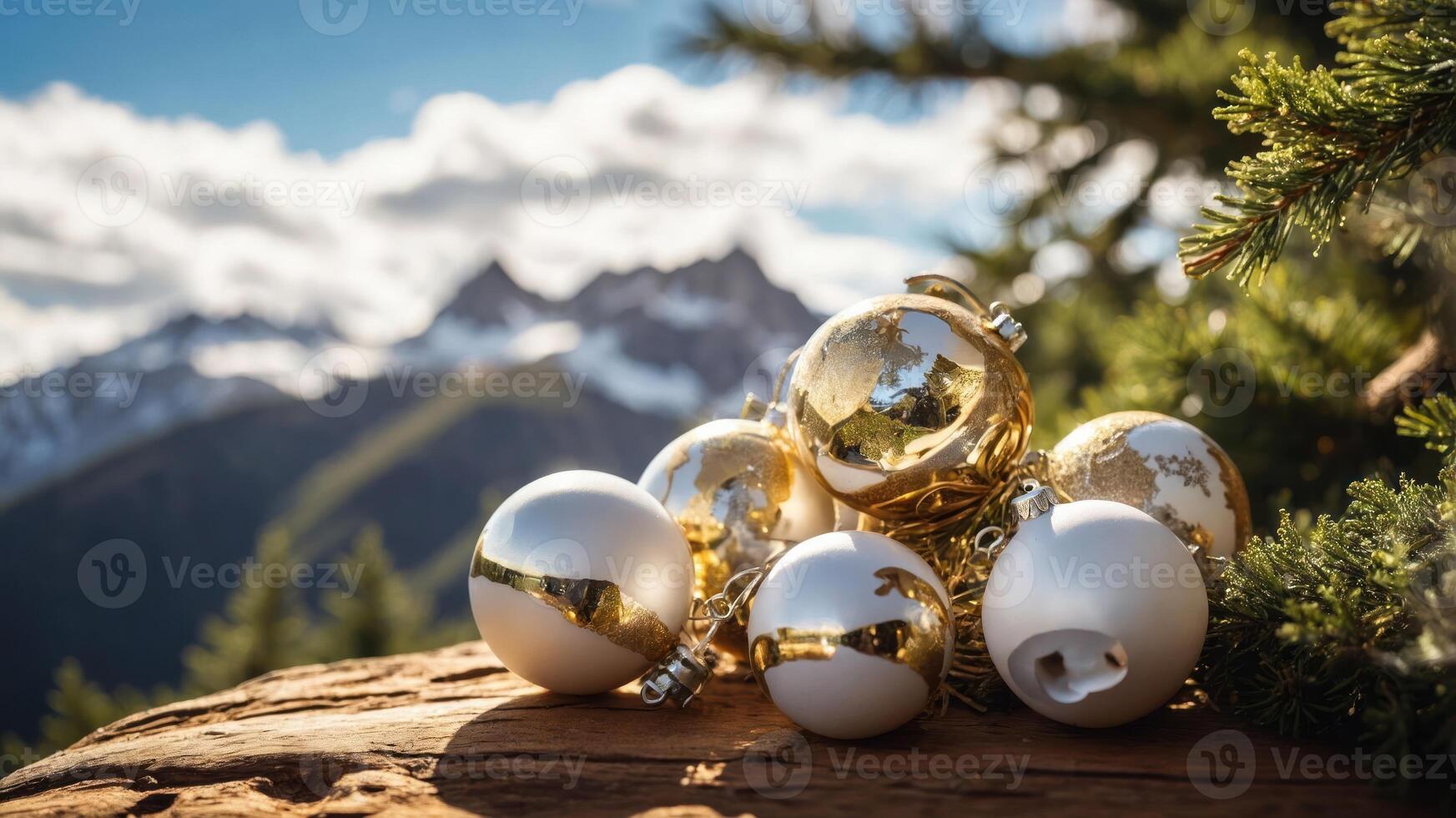A festive arrangement of ornaments on a log with mountains in the background. photo