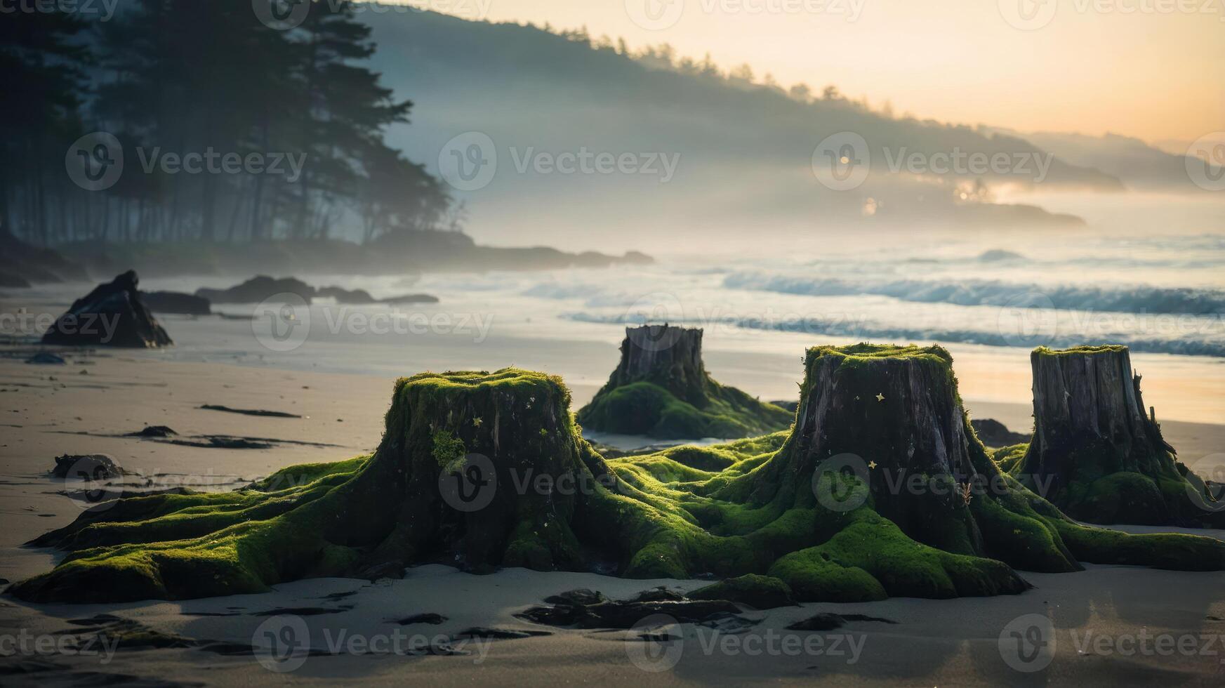 Tranquil coastal scene with moss-covered tree stumps and misty mountains in the background. photo