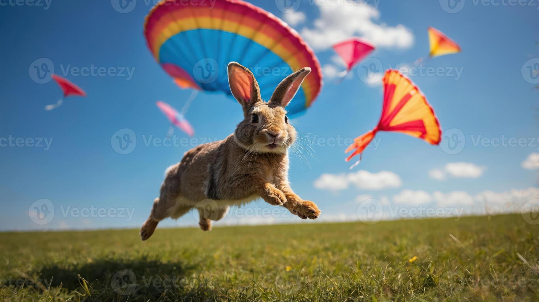 A playful rabbit leaps in a vibrant landscape with colorful kites flying in the sky. photo