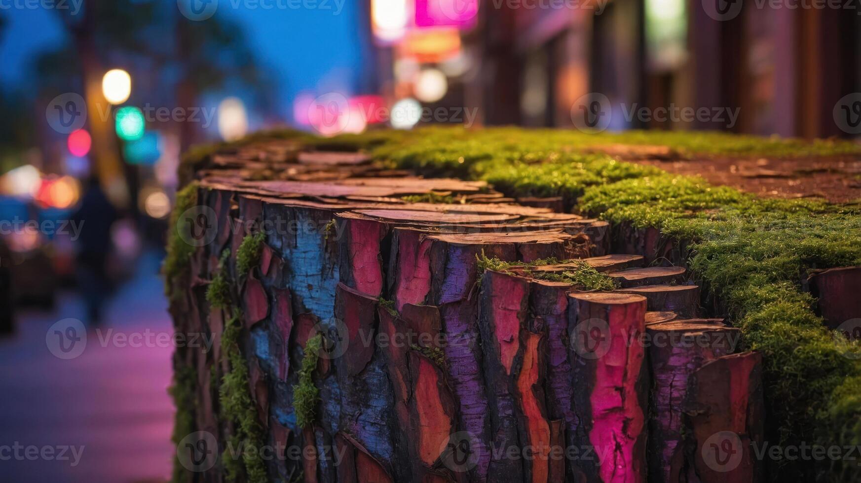 A close-up of a tree stump covered in moss, illuminated by city lights at dusk. photo