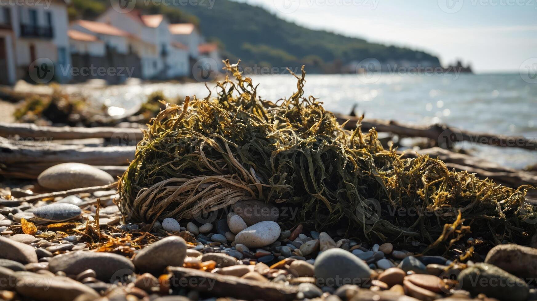 A close-up of seaweed on a rocky beach with a coastal village in the background. photo