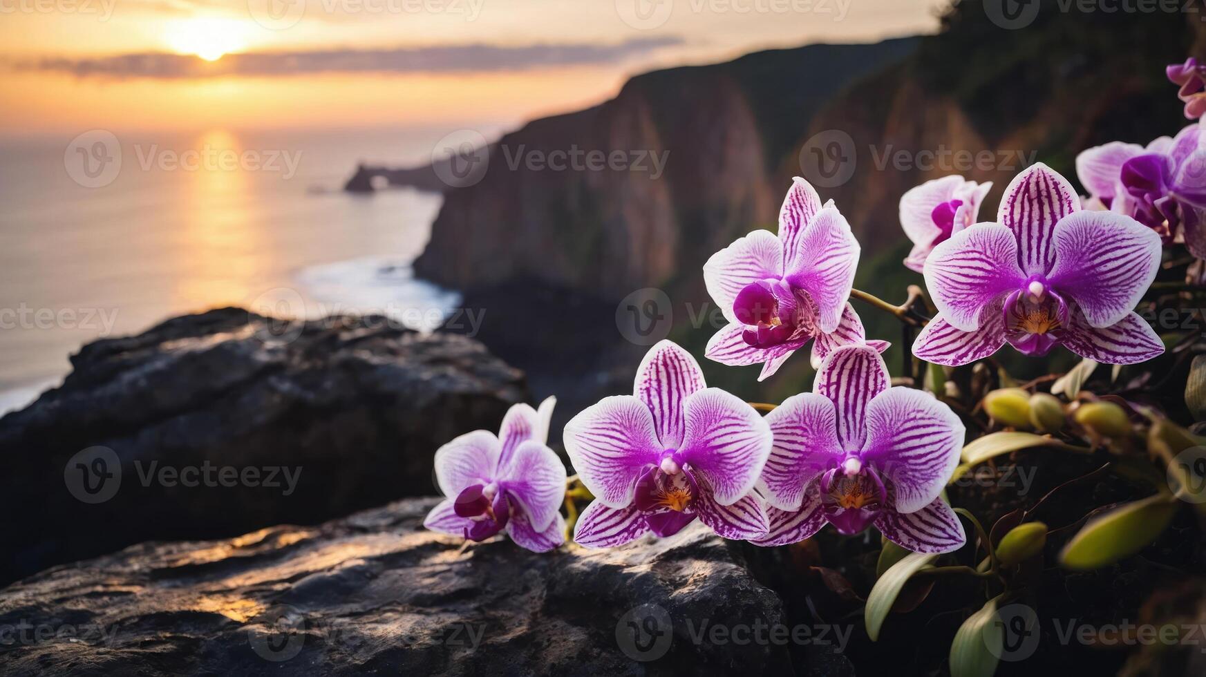 A scenic view of orchids blooming near a coastal sunset. photo